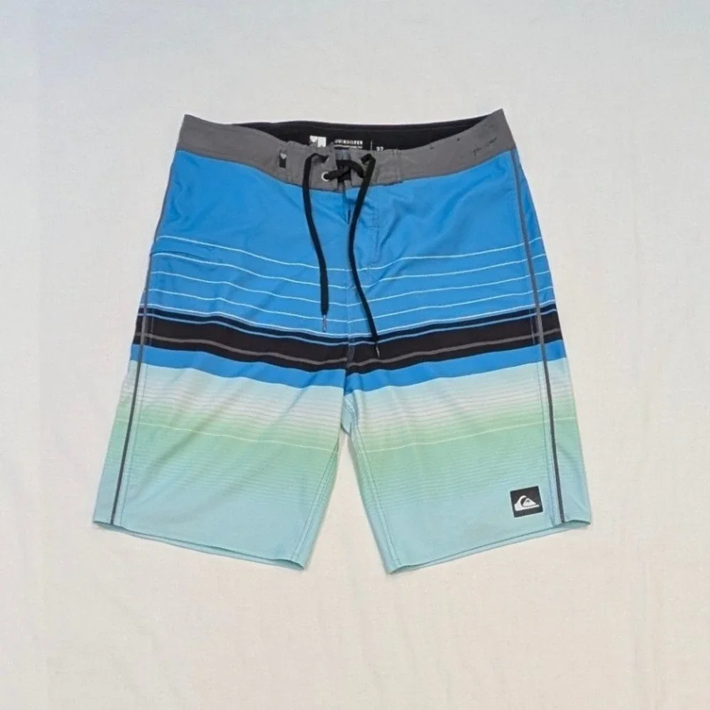 Quiksilver Men's Blue Green Striped Board Shorts Swim Trunks Size 32